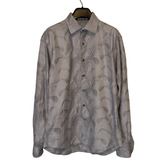 Bugatchi Uomo Gray Palm Tree Leaves Flip Cuff Button Up Long Sleeve Shirt Size M - Picture 2 of 13